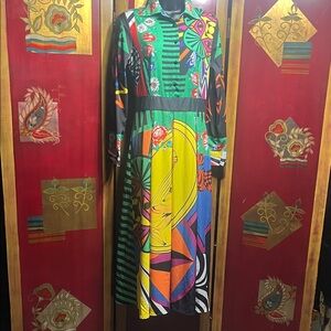 Abstract Floral & Geometric Long Sleeve Midi Dress - Green Multi